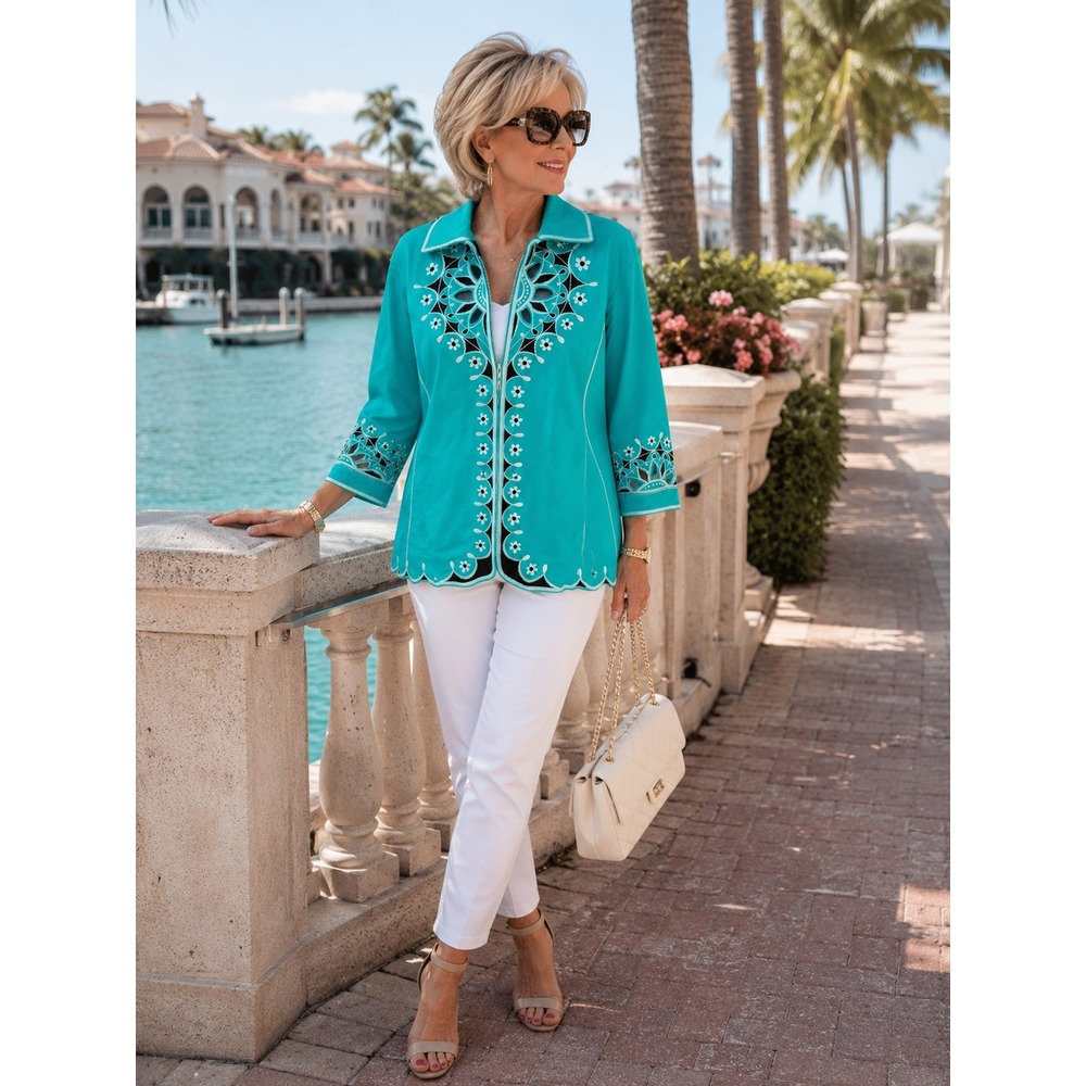 Bob Mackie Wearable Art Teal Turquoise Embroidered Cut Out Zip Jacket Womens XL